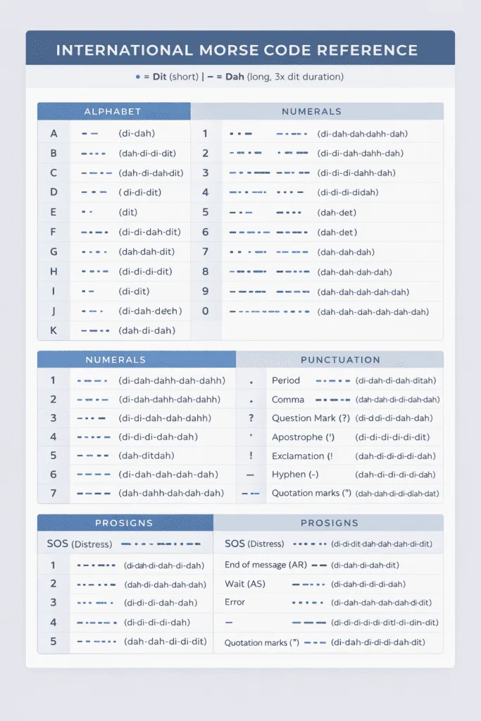 International Morse code reference chart showing dots and dashes for letters, numbers, and symbols